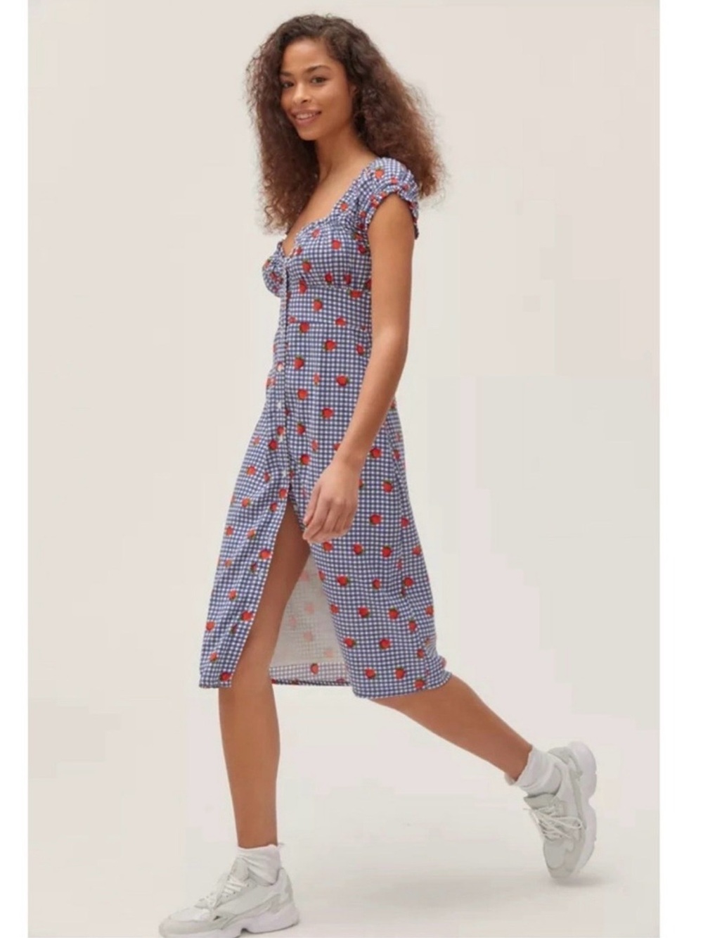 Urban Outfitters Penelope Blue Gingham Strawberry-Print Midi Dress - Women's S/M
